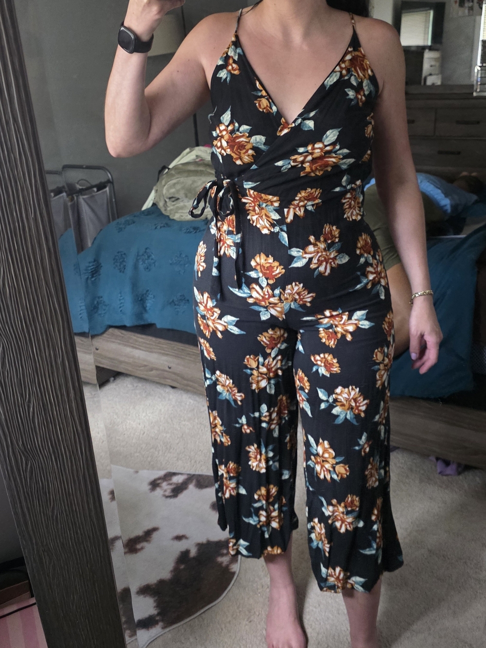 Xhilaration Black Floral Wrap Jumpsuit with Tie Waist